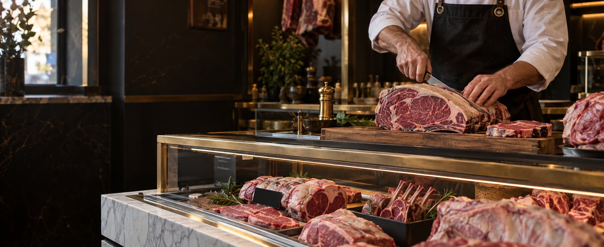 Boucher découpant une côte de bœuf sur le billot, derrière la vitrine réfrigérée aux finitions laiton