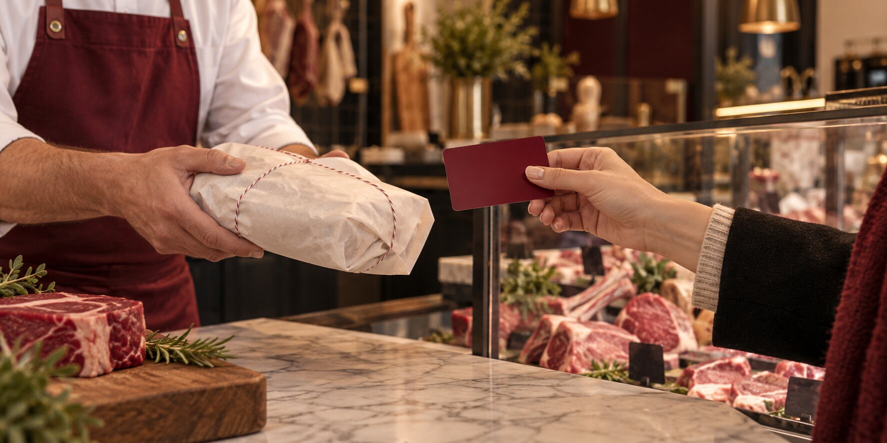 Boucher en tablier bordeaux remettant un paquet ficelé à une cliente qui tend sa carte de fidélité