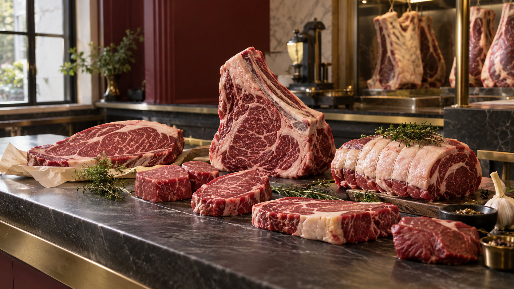 Côte de bœuf sur l'os, entrecôtes persillées et rôti ficelé posés sur le comptoir en marbre de la boucherie