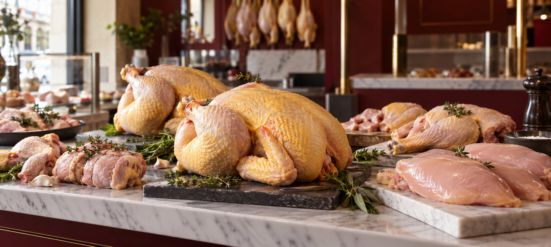 Poulets fermiers entiers, découpes de volaille et filets sur le comptoir, herbes fraîches