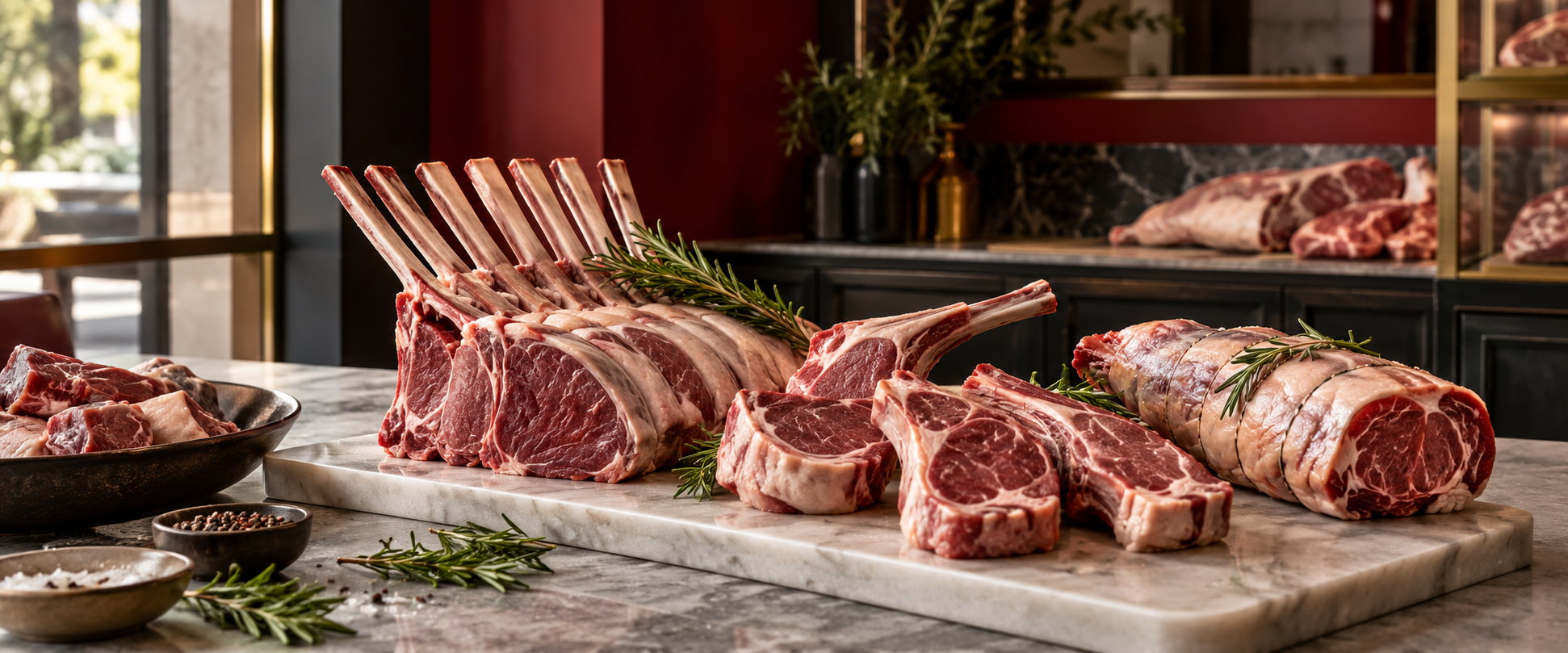 Carré d'agneau aux côtes dressées, côtelettes et gigot roulé sur une planche de marbre, brin de romarin