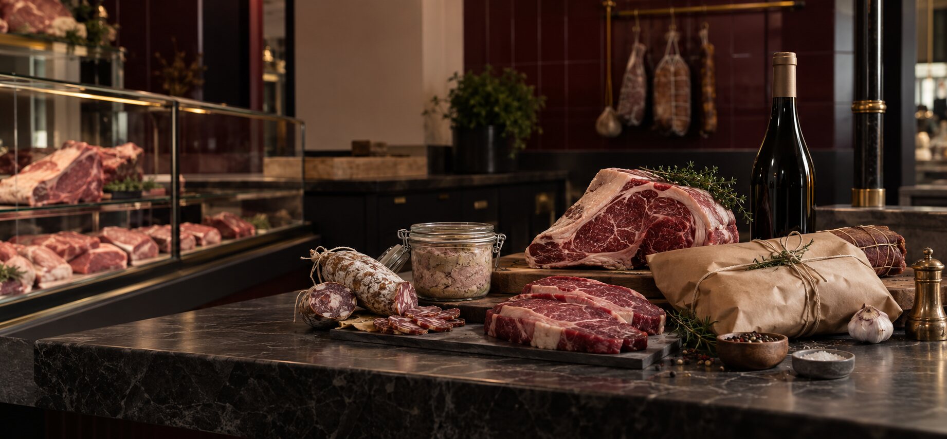 Comptoir de la boutique : côte de bœuf, saucisson tranché, terrine en bocal, paquet en papier kraft et bouteille de vin