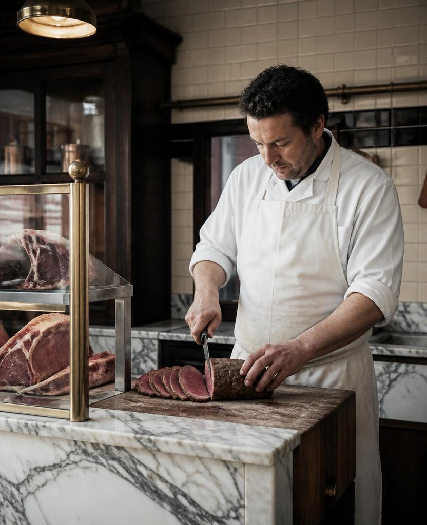 Boucher au travail derrière le comptoir de la boucherie