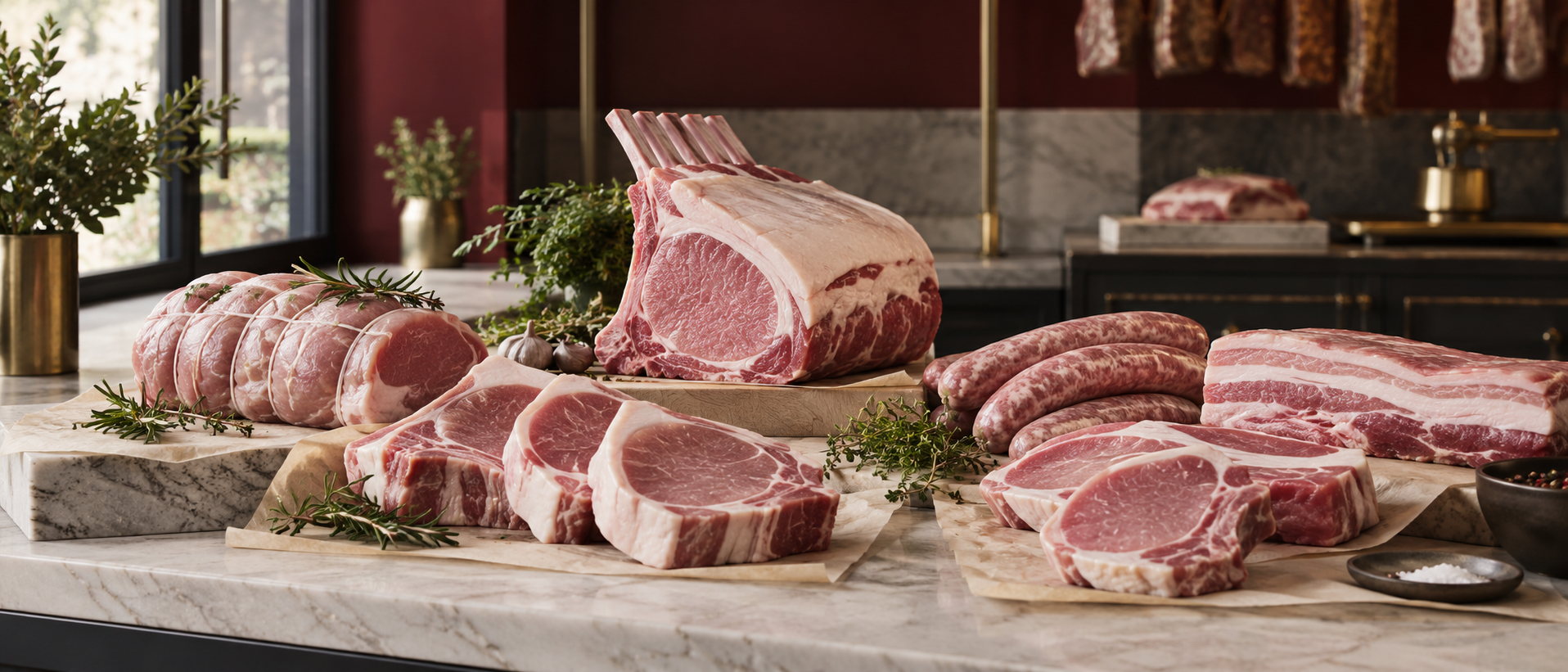 Carré de porc, côtes, filet mignon et saucisses fraîches disposés sur le comptoir en marbre