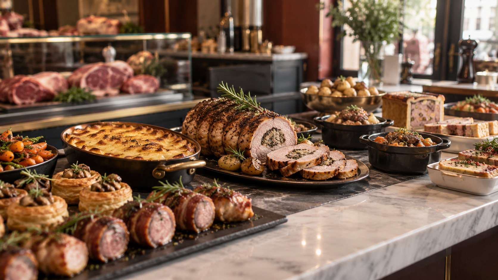 Buffet traiteur : rôti tranché, gratin doré, feuilletés et cocottes de légumes dressés sur le comptoir