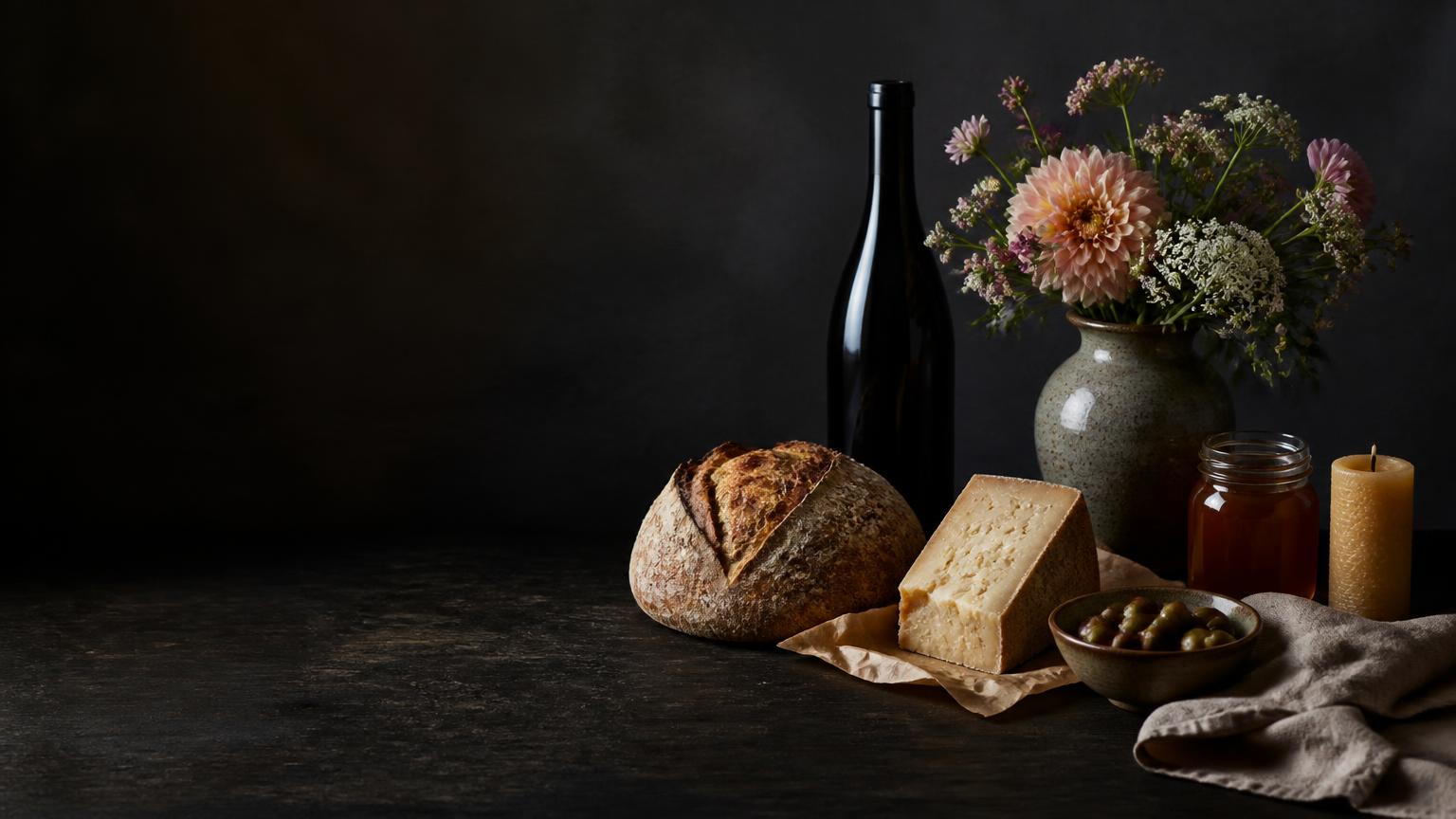 Table d'atelier en bois clair, carnet fermé, tasse et brin de romarin dans une lumière douce — ambiance de club sélectif