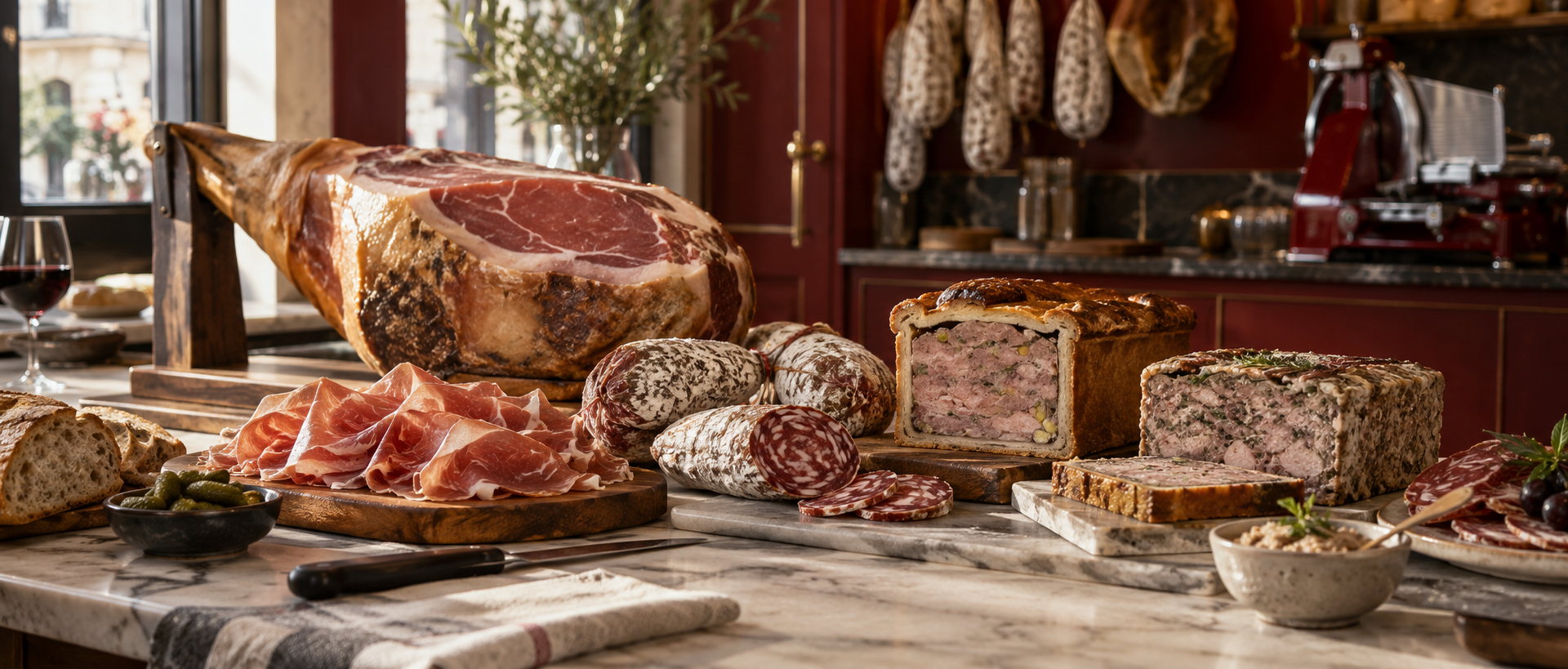 Jambon sec sur son support, saucissons, terrines et pâté en croûte tranchés sur planche de bois