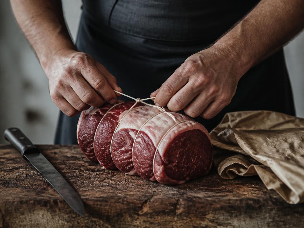 Mains du boucher ficelant un rôti sur le billot