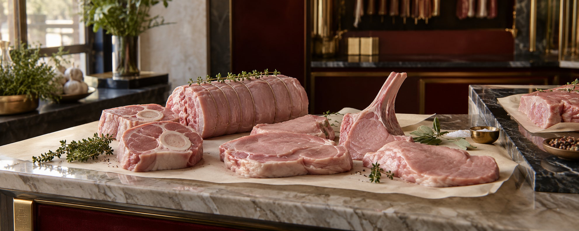Côtes de veau, rôti ficelé et escalopes sur papier boucher, sur le comptoir en marbre
