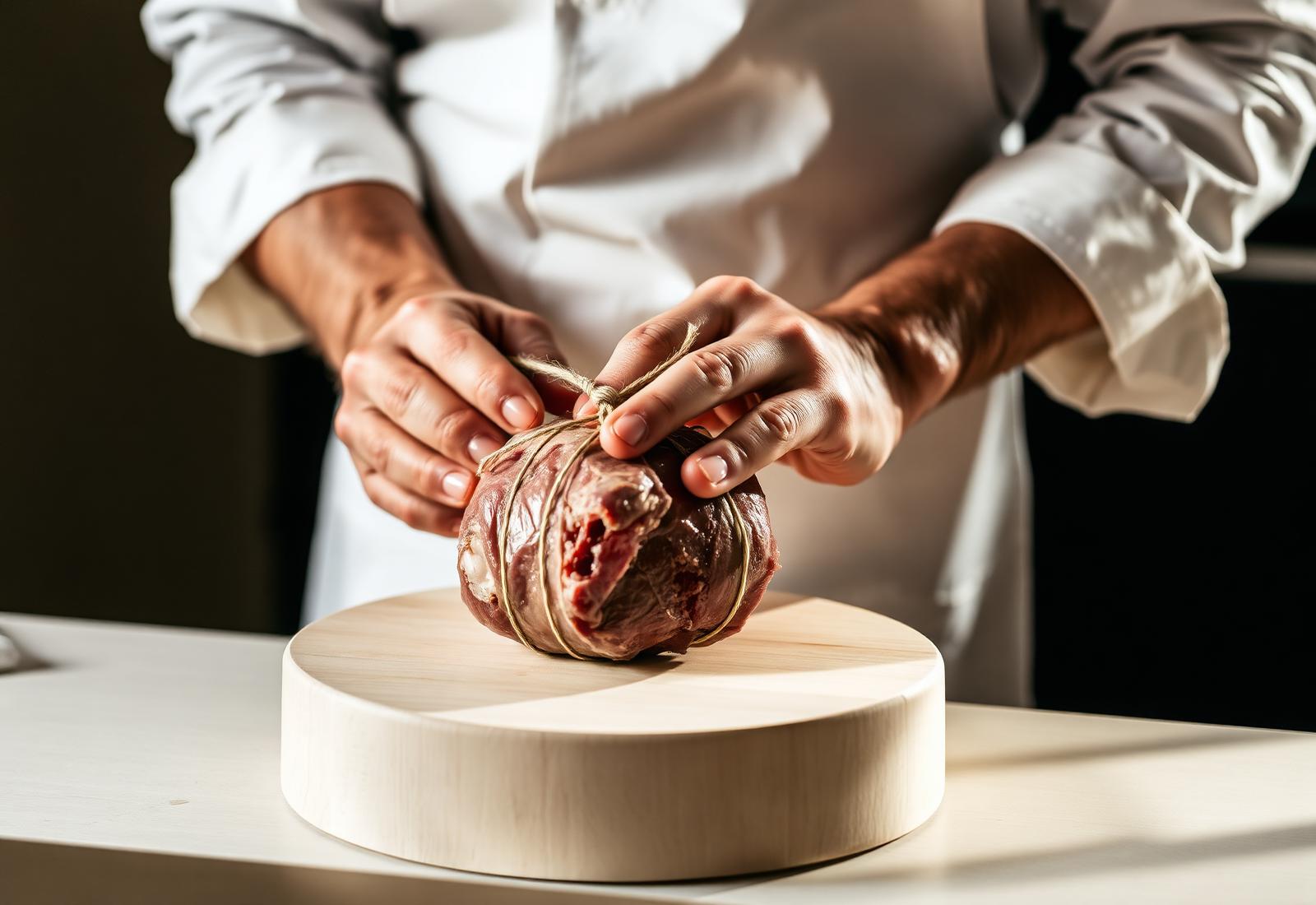 Mains d'un boucher ficelant un rôti sur un billot clair